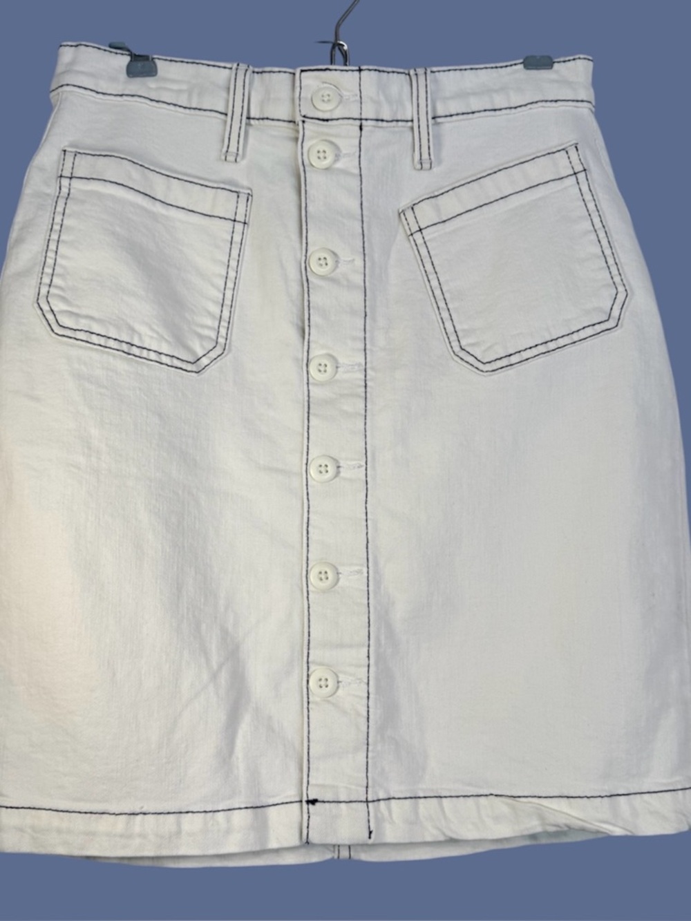 J Crew Cream Denim Skirt Navy Stitching Button Front Pockets